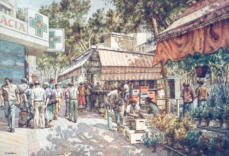 Pintura antigua de la ciduda de Almería donde aparece una farmacia 